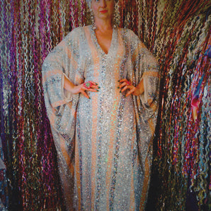 White, Silver, and Peach Stripe Sequin V Neck Kaftan Gown, Freesize
