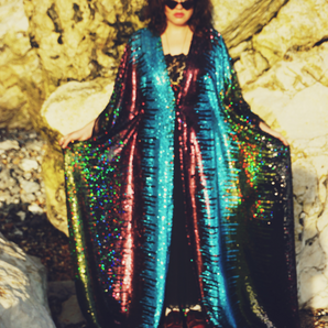 Siren Sequins - holographic yellow, glittered turquoise blue, black petrol holographic and bronzed red - Kimono Robe