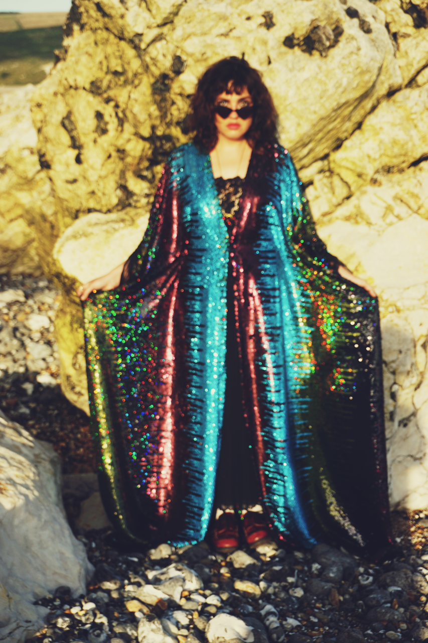 Siren Sequins - holographic yellow, glittered turquoise blue, black petrol holographic and bronzed red - Kimono Robe