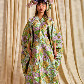 •F• Label Mint Floral Brocade Zipped Kimono Robe