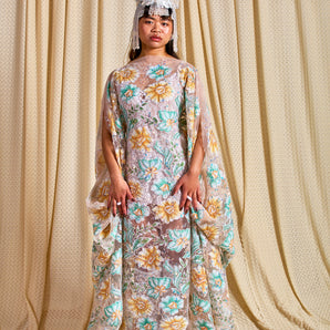 •F• Label Sheer Garden Embroidered Kaftan Gown