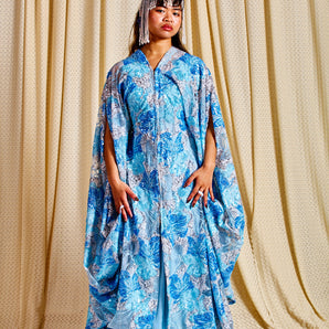 •F• Label Blue Hibiscus Sequin Zipped Kimono Robe