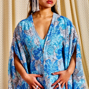 •F• Label Blue Hibiscus Sequin Zipped Kimono Robe