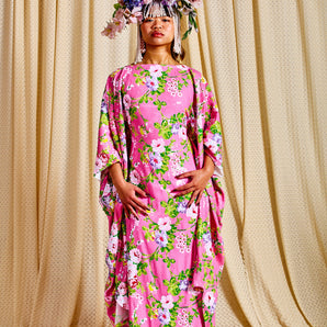 •F• Label Pink Botanical Sequin Slash Neck Kaftan Gown
