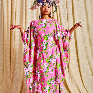 •F• Label Pink Botanical Sequin Slash Neck Kaftan Gown