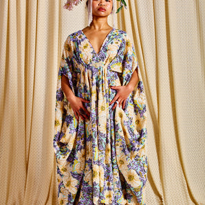 •F• Label Yellow Bloom Sequin V-Neck Kaftan Gown