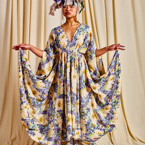 •F• Label Yellow Bloom Sequin V-Neck Kaftan Gown