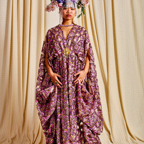 •F• Label Purple Fan Sequin V-Neck Kaftan Gown