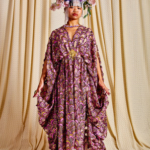 •F• Label Purple Fan Sequin V-Neck Kaftan Gown