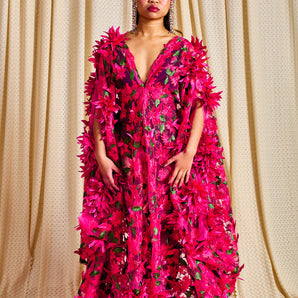 •F• Label Bougainvillea Bloom V-Neck Kaftan Gown