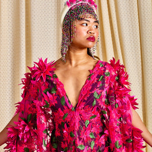 •F• Label Bougainvillea Bloom V-Neck Kaftan Gown