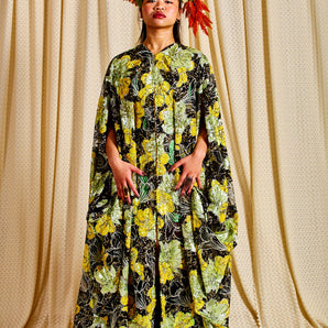 •F• Label Green & Yellow Sequin Bloom Zipped Kimono Robe