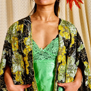 •F• Label Green & Yellow Sequin Bloom Zipped Kimono Robe