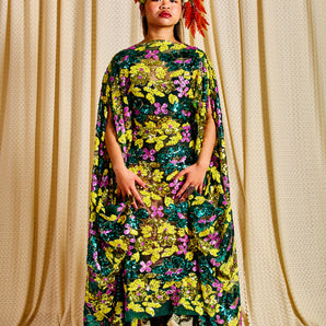 •F• Label Fluoro Flora Sequin Slash Neck Kaftan Gown
