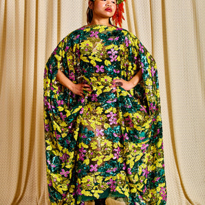 •F• Label Fluoro Flora Sequin Slash Neck Kaftan Gown