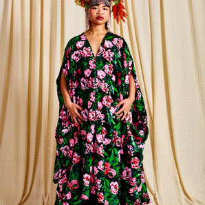 •F• Label Midnight Peony Sequin V-Neck Kaftan Gown