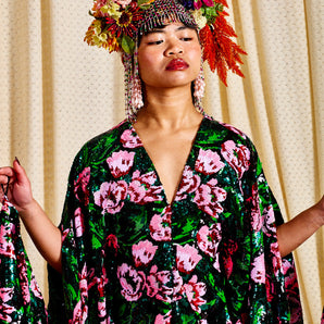 •F• Label Midnight Peony Sequin V-Neck Kaftan Gown