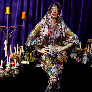 •F• Label Celestial Thread Hooded Sequin Kaftan Gown