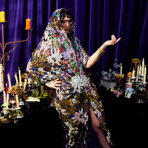 •F• Label Celestial Thread Hooded Sequin Kaftan Gown