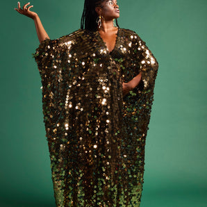 •F• Label Queen Elizabeth I Black & Gold Floral Sequin Kaftan