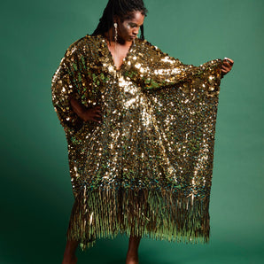 •F• Label Dolly | Gold Sequin Fringe Kaftan