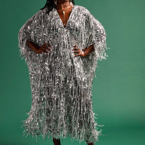 •F• Label  Cher | Silver Fringed Sequin Kaftan