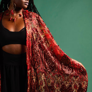 •F• Label  DIVINE | Red & Gold Embellished Sequin Kimono Robe