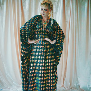 No.28 iridescent dynasty -V-neck sequin and velvet  kaftan Gown