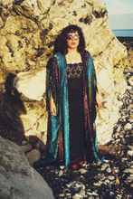 Load image into Gallery viewer, Siren Sequins - holographic yellow, glittered turquoise blue, black petrol holographic and bronzed red - Kimono Robe
