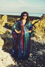 Load image into Gallery viewer, Siren Sequins - sequins in royal blue, Ruby Red, aqua green and pale gold - V-neck
