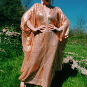 *SAMPLE* Missing sequins in parts Pale Gold V-neck Kaftan 125cm length