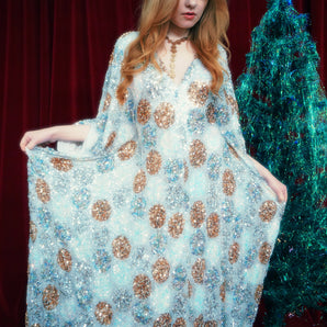 Frosted Disco Bauble luxe Sequin V-Neck Kaftan Gown