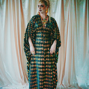 No.28 iridescent dynasty -V-neck sequin and velvet  kaftan Gown