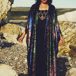 Siren Sequins - pale pink, royal blue, emerald green and bronze brown - Kimono Robe
