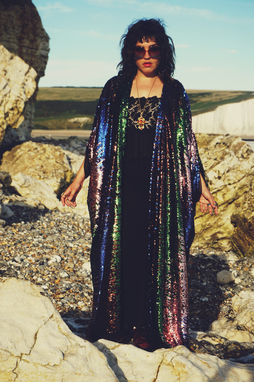 Siren Sequins - pale pink, royal blue, emerald green and bronze brown - Kimono Robe