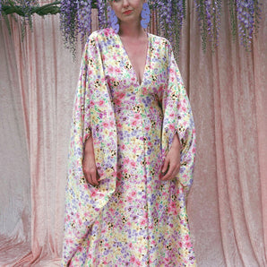 Pastel Pansies Floral textured silky satin Kaftan Dress