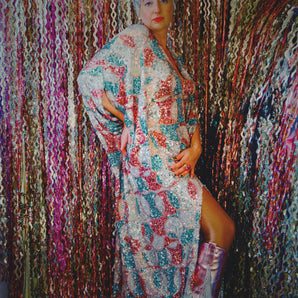 Pink and Blue Art Deco Circles V Neck Kaftan Gown, Freesize