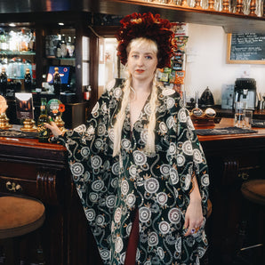 Beautiful velvet lace with sequins and pattered crochet lace - Deep green with white circles