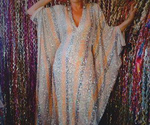 White, Silver, and Peach Stripe V-Neck Maxi Dress Kaftan