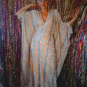 White, Silver, and Peach Stripe Sequin V Neck Kaftan Gown, Freesize
