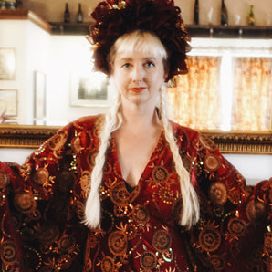 Beautiful velvet lace with sequins and pattered crochet lace -red and Brown squares