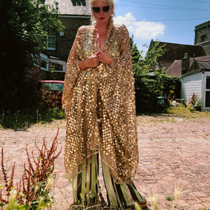 Gold sequin fishnet midi Open Kimono Robe