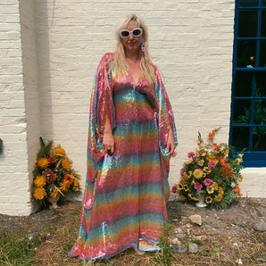 Rainbow Sequin V-Neck Kaftan Gown