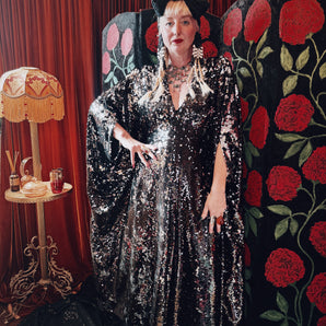 Silver Midnight Sequin V-Neck Kaftan Gown