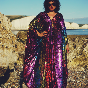 Siren Sequins - sequins in magenta pink, Gold, turquoise blue and ruby red - V-neck