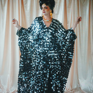 No.45 Disco Diva - silver and black mirror disc sequin kaftan gown