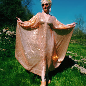 *SAMPLE* Missing sequins in parts Pale Gold V-neck Kaftan 125cm length