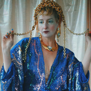 no.8 Firecracker - Blue velvet sequin adorned plunge batwing kaftan gown