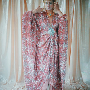 NO.5 Pink Lady - Pink velvet with silver sequins batwing Kaftan Gown