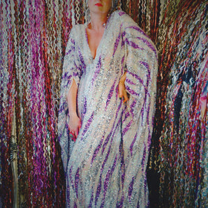 Purple, Silver, and White V-Neck Maxi Dress Kaftan